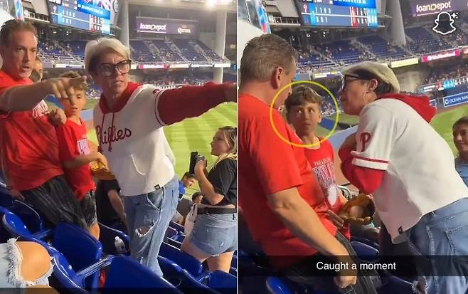 마이애미 로운디포트 파크 관중석에서 필라델피아 필리스 팬들이 홈런공을 두고 실랑이를 벌이고 있다. 여성은 “내 손에 있었다”며 강하게 항의했고, 아들은 놀란 표정으로 상황을 지켜봤다. 출처=엑스(@irenekazakos)