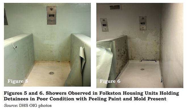 미국 이민 당국에 체포된 한국인 300여명 중 대부분이 수감된 미국 조지아주 포크스턴의 이민세관단속국(ICE) 시설의 샤워장. 이 사진은 2021년 11월 진행된 미국 국토안보부(DHS)의 감사 당시 촬영됐다. ⓒ 미 국토안보부 제공