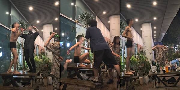 ‘러브칩스 페스티벌 2025’에 출연한 일본인 밴드 구성원이 8일 새벽 편의점 앞 테이블에서 속옷만 입은 채 올라가 소란을 피우고 있는 모습. /독자 제공