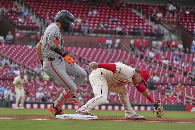 이정후가 8일(한국 시간) 미국 미주리주 세인트루이스 부시 스타디움에서 열린 2025 메이저리그(ML) 정규시즌 세인트루이스전 1회초 1루에서 아웃되고 있다. 사진 | 세인트루이스=AP 연합뉴스