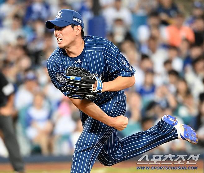 7일 대구 삼성라이온즈파크에서 열린 한화와 삼성의 경기, 삼성 김재윤이 역투하고 있다. 대구=허상욱 기자wook@sportschosun.com/2025.09.07/