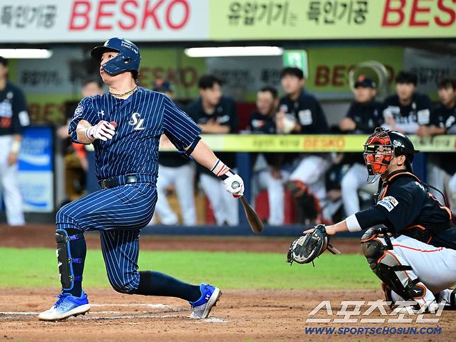 7일 대구 삼성라이온즈파크에서 열린 한화와 삼성의 경기, 6회말 무사 1루 삼성 강민호가 좌월 2점홈런을 치고 있다. 대구=허상욱 기자wook@sportschosun.com/2025.09.07/