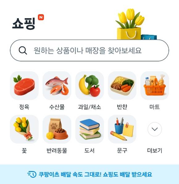 쿠팡이 '쿠팡이츠 쇼핑'을 통해 일반 상점을 입점시켜 다양한 상품을 빠르게 배송하는 사업을 확장하고 있다. 사진은 쿠팡이츠 쇼핑 카테리고 메인화면. [사진=쿠팡이츠 갈무리]