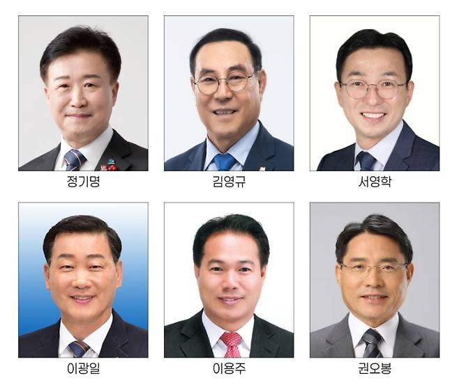 ▲ (왼쪽부터) 정기명 현 여수시장, 김영규 여수시의회 의원, 서영학 기본사회 여수본부 상임대표, 이광일 전남도의회 부의장, 이용주 전 국회의원, 권오봉 전 여수시장 [네이버·나무위키]