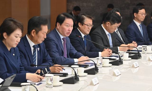 발언하는 상의 회장  : 최태원(왼쪽 세 번째) 대한상공회의소 회장이 8일 오전 서울 중구 대한상공회의소에서 열린 ‘더불어민주당-대한상의 정책간담회’에서 정청래(〃 두 번째) 민주당 대표 등과 나란히 앉아 모두발언을 하고 있다. 백동현 기자