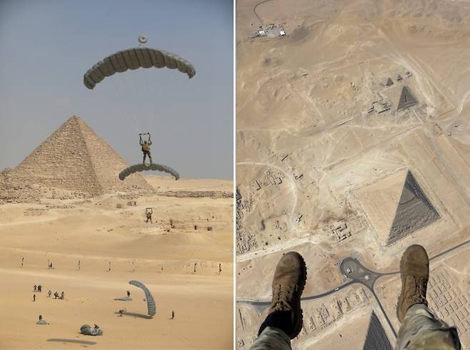 병사의 시점에서 내려다본 기자 피라미드와 사막 지대. 세계 최대급 다국적 합동훈련 ‘브라이트 스타’는 단순 전술 훈련을 넘어 정치·외교적 메시지를 담았다. 출처=미 중부사령부 엑스