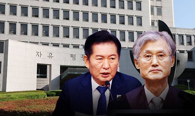 (오른쪽부터) 조희대 대법원장과 정청래 더불어민주당 대표 그리고 대법원 전경 모습 ⓒ양선영 시사저널 디자이너·연합뉴스