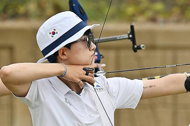 9일 오전 광주 남구 광주국제양궁장에서 열린 광주2025현대세계양궁선수권대회 리커브 남녀 개인 예선, 대한민국 국가대표 안산이 활시위를 당기고 있다. 뉴시스
