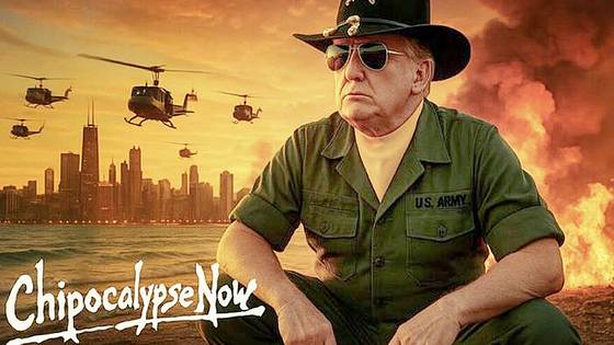 도널드 트럼프 미 대통령이 지난 6일 영화 ‘지옥의 묵시록’을 패러디한 이미지를 SNS에 올리며 군을 통한 이민자 단속을 시사했다. [사진 트루스소셜 캡처]