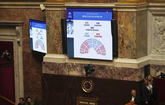 8일(현지시간) 프랑스 파리 의회 의사당에 하원의 프랑수아 바이루 총리 불신임안 투표 집계 결과가 공개되고 있다. AP=연합뉴스