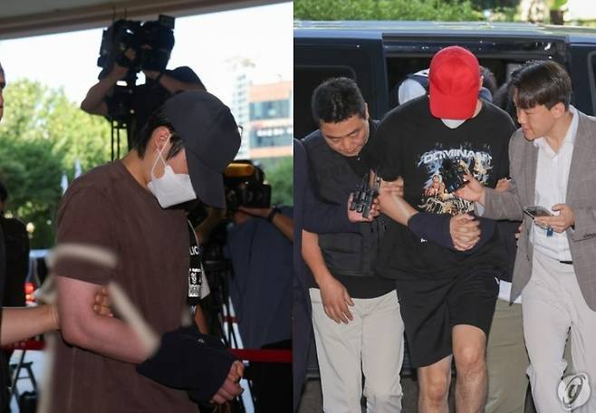 서울 서대문구에서 초등학생들을 유괴하려 한 20대들이 구속 심사를 받기 위해 5일 서울서부지법에 출석하는 모습.[연합]