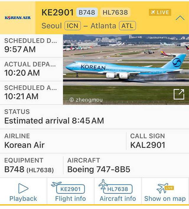 ▲ 10일 조지아에 구금된 한국인을 태우기 위한 전세기 대한항공 KE2901편이 오전 10시 20분 인천국제공항을 이륙했다. ⓒ플라이트레이더 갈무리