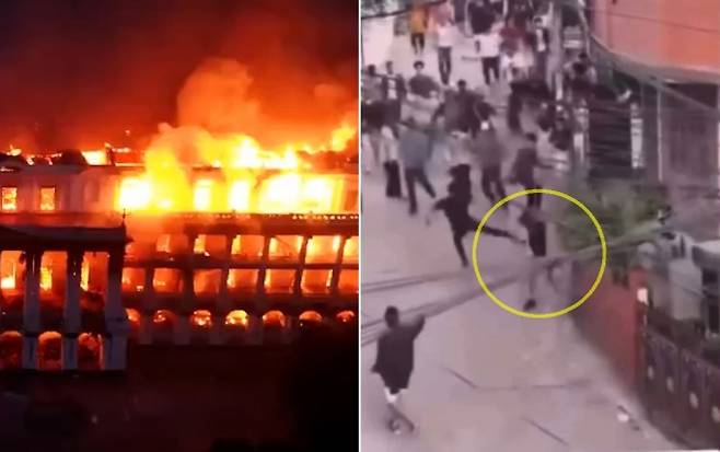 네팔 시위대가 정치인 자택과 정부 건물을 불태우고(왼쪽), 카트만두 도심에서 비슈누 프라사드 파우델 부총리 겸 재무장관을 쫓아가 발길질하며 폭행하는 장면(오른쪽). 출처=엑스