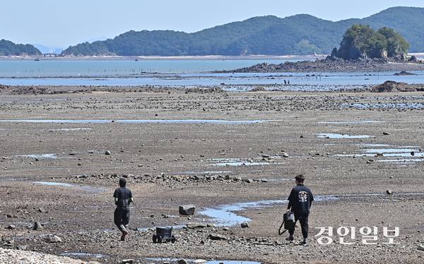 11일 오전 인천시 옹진군 영흥면 해안에서 방문객들이 해루질을 하기 위해 이동하고 있다. 이날 새벽 해당 장소 인근 섬에서 인천해경서 소속 이재석 경사가 고립된 70대 중국인 남성 A씨에게 자신이 입고 있던 부력조끼를 건네 구조한 후 실종됐다가 심정지 상태로 발견돼 병원에 옮겨졌으나 끝내 숨졌다. 2025.9.11 /조재현기자 jhc@kyeongin.com