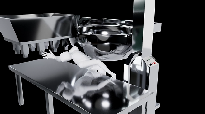 2023년 8월8일 오후 12시33분 경기 성남시 샤니 공장의 '반죽 리프트'에서 작업하다가 발생한 사고를 3D로 재현했다. 반죽량 조정 등 작업 중임에도 기계 주변으로 작업자들은 접근할 수 있었다. 경고음도 울리지 않아 사고를 피할 수 없었다.  스튜디오 우타