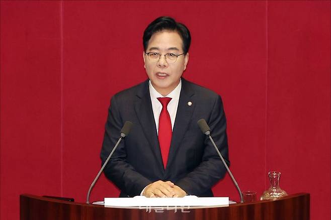 송언석 국민의힘 원내대표가 10일 오전 국회 본청에서 열린 국회 본회의에서 교섭단체대표연설을 하고 있다. ⓒ데일리안 홍금표 기자