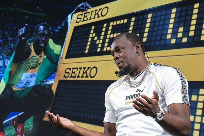 <yonhap photo-3454=""> Legendary sprinter Jamaica?s Usain Bolt speaks during a press conference in Tokyo on September 11, 2025 ahead of the start of the World Athletics Championships. (Photo by Richard A. Brooks / AFP)/2025-09-11 12:37:55/ <저작권자 ⓒ 1980-2025 ㈜연합뉴스. 무단 전재 재배포 금지, AI 학습 및 활용 금지></yonhap>