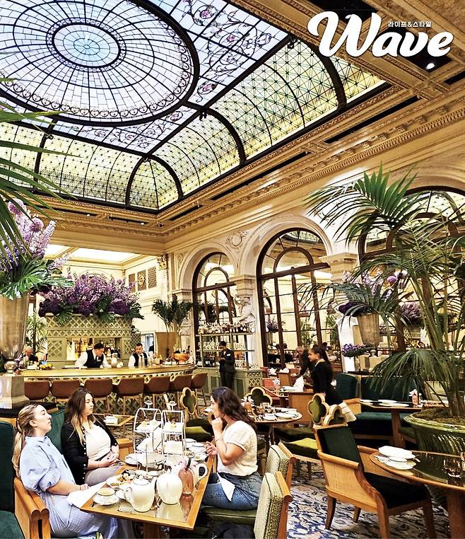 < 애프터눈티 마시는 뉴요커들 > 1907년 개관 이후 미국 뉴욕에서 가장 클래식한 애프터눈티 세트를 제공하는 맨해튼 플라자호텔의 1층 로비 라운지 ‘팜코트’. 천장 가득한 스테인드글라스와 곳곳에 놓인 야자수가 상징적이다. /뉴욕=빈난새 특파원