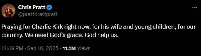 크리스 프랫이 남긴 찰리 커크 추모글. 사진|크리스 프랫 SNS