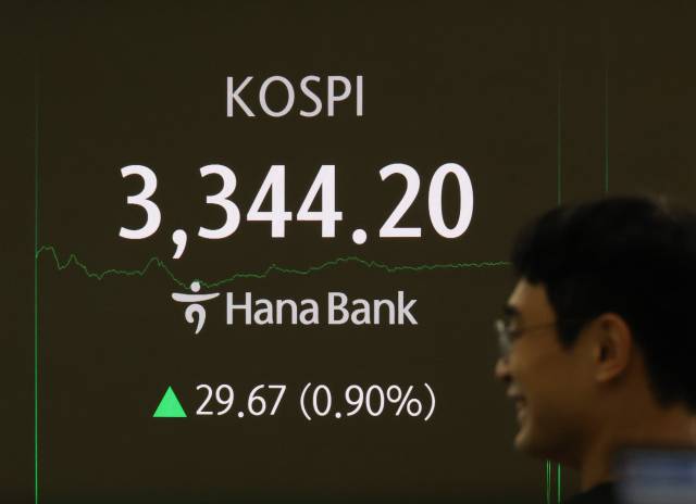 11일 하나은행 본점 딜링룸 전광판에 코스피 종가가 표시돼 있다. 이날 코스피는 29.67포인트(0.90%) 오른 3344.20으로 마감하면서 종가 기준 연이틀 최고치를 경신했다. 연합뉴스