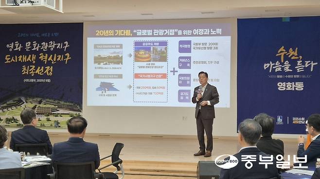 12일 오후 영화동 행정복지센터에서 이재준 수원시장이 '영화지구'와 관련한 내용을 설명하고 있다. 강현수기자