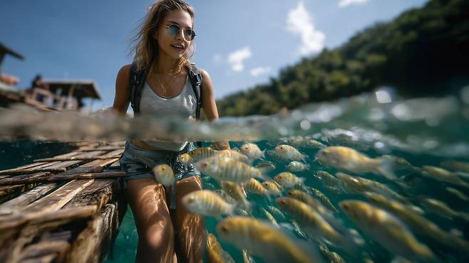 필리핀 세부 인근 해변의 대나무 뗏목 위에서 여행자가 물속 물고기들을 바라보며 자연과 교감하고 있다. AI 생성 이미지 / 사진가 오승환