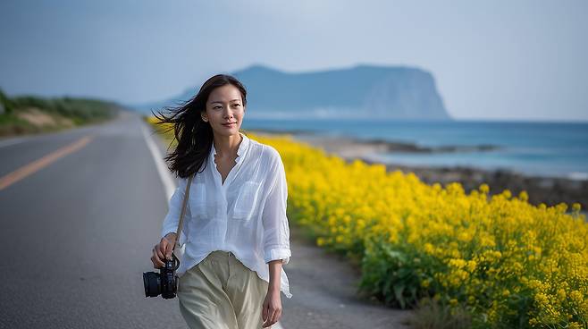 프롬프트에 '제주 바닷길을 따라 산책하는 여성, 넓은 바다 풍경과 파도 소리, 바람에 날리는 머리카락, DSLR품질' 이라고 썼다. 그러나 이 평범해 보이는 이미지는 뒤로 보이는 나무나 전봇대가 없는 깨끗한 길 가와 여성이 메고 있는 카메라가 만족스럽게 나오지 않아 수 백번의 시도 끝에 완성했다고 한다.  AI 생성 이미지 / 사진가 오승환
