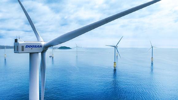 두산에너빌리티가 제주 한림읍 인근 해상에 설치한 5.5MW 해상풍력발전기 [사진=두산에너빌리티]