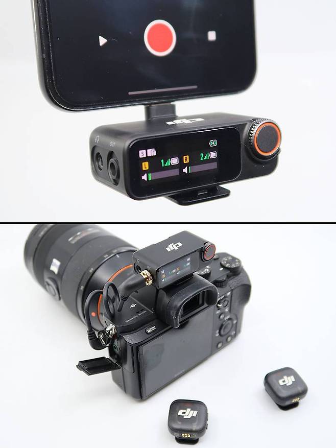 스마트폰과 카메라에 연결한 마이크3 / 출처=IT동아