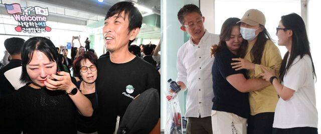 미국 이민당국에 의해 구금됐던 LG에너지솔루션 및 협력업체 직원들이 구금 사태 8일 만인 12일 인천공항을 통해 귀국한 뒤 상봉장소인 장기주차장에서 기다리던 가족들과 감격스런 재회를 하고 있다. 인천공항=최현규 기자