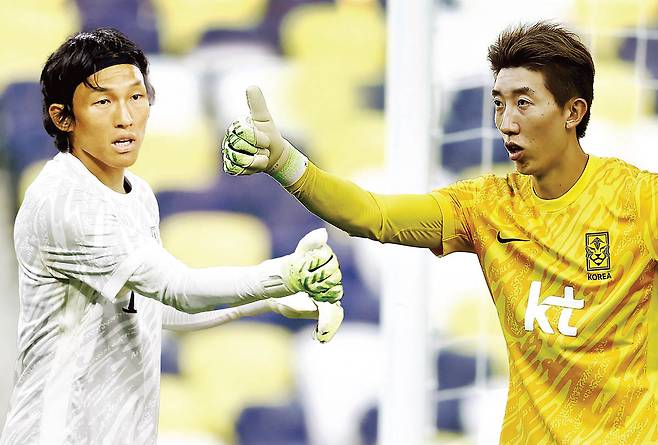 한국 축구 대표팀 주전 골키퍼 경쟁이 뜨겁다. 김승규가 지난 10일 미국에서 열린 멕시코와 평가전에서 상대 슈팅을 막아낸 뒤 하이파이브 하고 있다(왼쪽). 김승규와 경쟁 중인 조현우가 이날 경기 전 훈련하고 있다. AFP연합·대한축구협회 제공