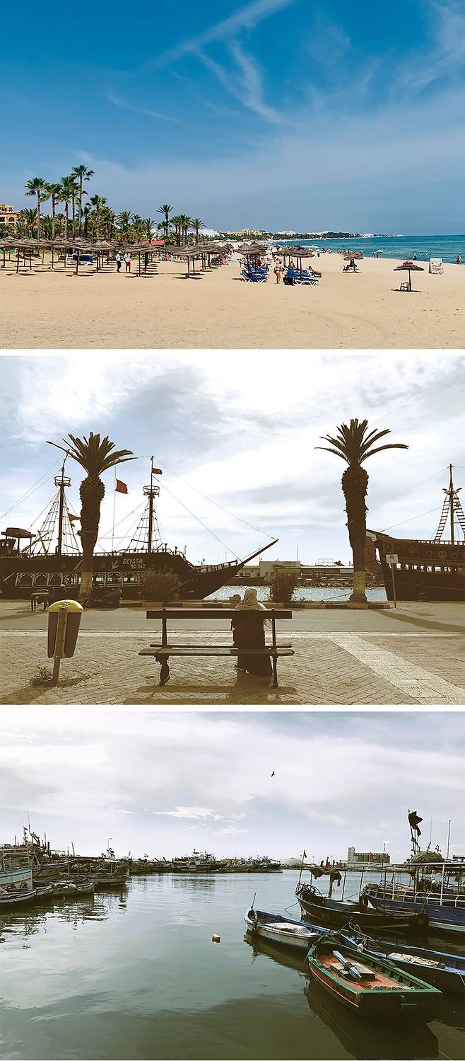 (위로부터)수스 북쪽에 자리한 사마라 비치, 지중해를 끼고 위치한 수스 선착장