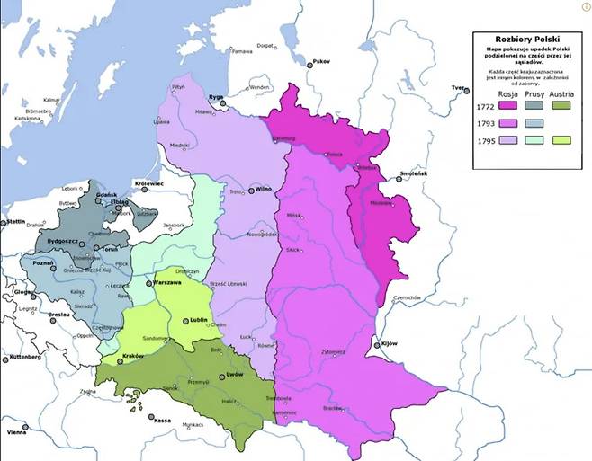 폴란드는 세 차례에 걸쳐 세 조각으로 찢어졌다. 각 분할마다 오른쪽 러시아(붉은색-자주색-보라색 계열), 독일(왼쪽 위 푸른색 계열), 오스트리아(왼쪽 아래 초록색 계열)가 가져간 땅을 표시한 지도.