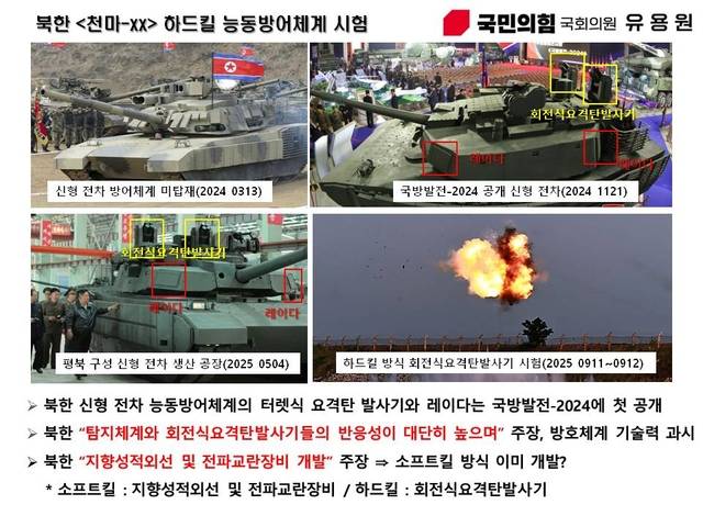 북한이 올해 5월 평안북도 구성 신형 전차 생간공장에서 회전식 요격탄 발사기와 레이더를 탑재한 신형 전차를 공개한 데 이어  지난 11,12일 하드킬 방식 회전식요격탄발사기 시험 영상을 공개했다. 유용원 의원실 제공
