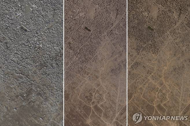 플래닛랩스가 촬영한 가자시티 외곽 자이툰·사브라 지역 위성사진. 왼쪽부터 올해 1월 1일, 8월 1일, 9월 2일 촬영분.[AP=연합뉴스. 재판매 및 DB 금지]