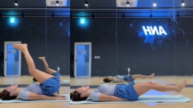 미나가 레그 레이즈 운동을 하고있는 모습. [사진=미나 인스타그램]