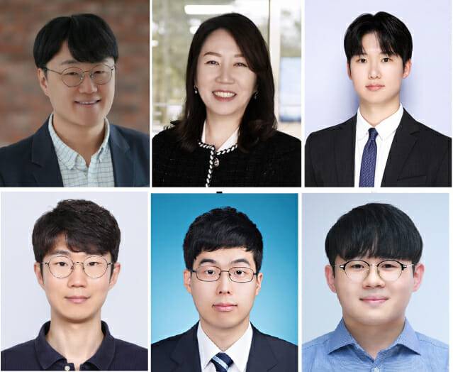 한-미 연구진이 수소연료전지 내 원자 이동과 구조를 3차원으로 처음 규명했다. 윗줄 왼쪽부터 시계방향으로 양용수 물리학과 교수, 조은애 신소재공학과 교수(이상 교신저자), 물리학과 정채화 박사, 신소재공학과 이광호 연구원, 물리학과 조혜성 박사, 이주혁 박사.(이상 공동 제1저자).
