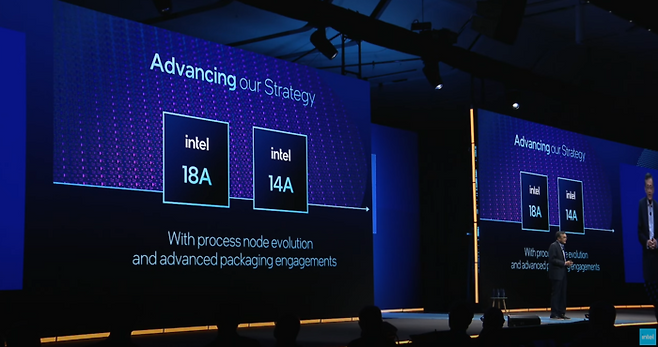 립부 탄 인텔 최고경영자(CEO)가 4월 29일(현지시간) 미국 캘리포니아주 새너제이 컨벤션센터에서 열린 '인텔 파운드리 포럼 2025' 기조연설에서 인텔 18A와 14A 공정을 설명하고 있다.