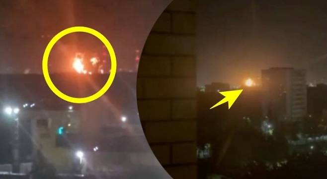 러시아 현지시간으로 14일 새벽 상트페테르부르크주 키리시 정유시절이 우크라이나 드론의 공격을 받아 폭발했다. 사진은 인근 도시에서 확인된 거대한 불기둥. 엑스 캡처