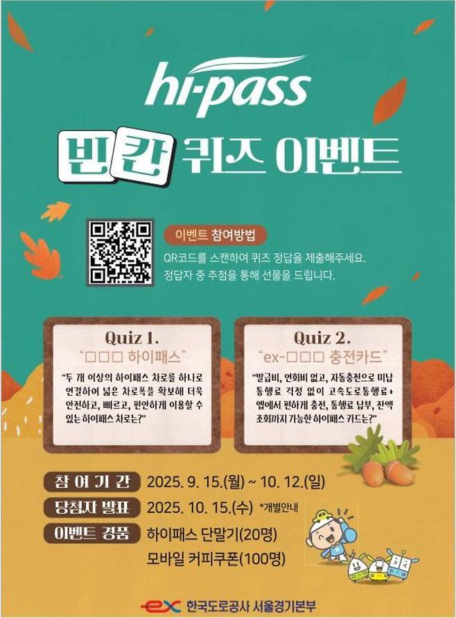 ▲ 도공 서울경기본부는 하이패스·ex-모바일충전카드 보급 확대 퀴즈 이벤트를 실시한다(포스터). /사진제공=도공 서울경기본부