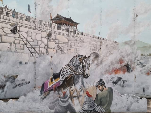 경주 청소년들의 종합수련시설 화랑마을의 신라 전쟁 벽화.