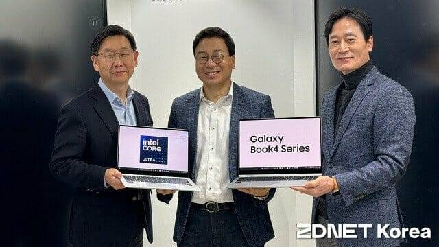 지난 해 1월 AI 아트 전시회 '터치 더 리얼'에 참석한 각사 임원들. 왼쪽부터 이호중 삼성디스플레이 상무, 배태원 인텔코리아 부사장(당시), 이민철 삼성전자 상무. (사진=지디넷코리아)