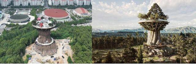 부실한 외관으로 논란을 빚고 있는 경남 창원시 성산구 대상공원 기부채납 공원시설물 '빅트리'의 현재 모습(왼쪽)과 원래 조감도. 창원시 제공