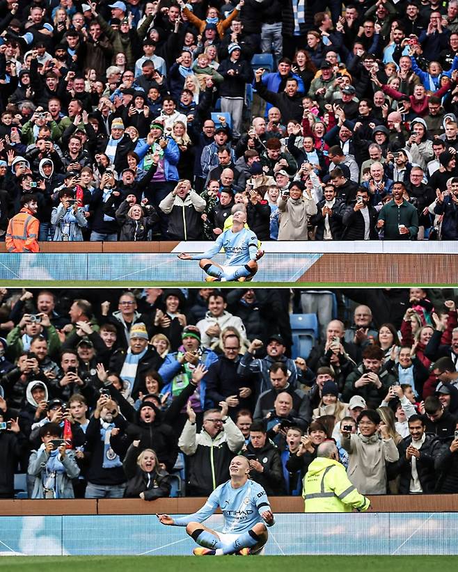 맨시티 홀란이 15일 맨유와의 경기서 멀티 골을 터뜨린 뒤 시그니처 세리머니를 펼치고 있다. 사진=ESPN