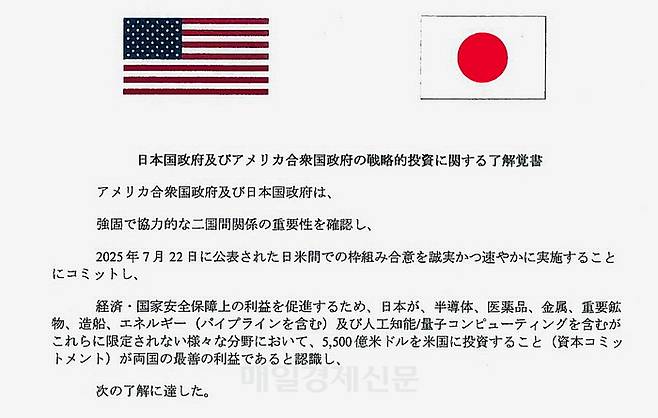 미국과 일본 간 최근 합의된 대미 투자펀드 관련 양해각서 첫 페이지