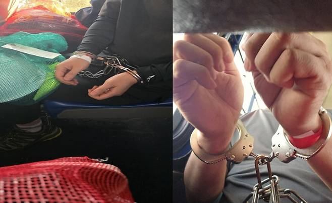 미국 조지아주 배터리 공장 건설 현장에서 일하다 7일간 구금된 근로자들 중 한 명인 A씨가 구금 과정에서 수갑과 쇠사슬을 찬 모습. 연합뉴스