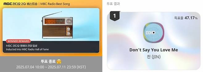 방탄소년단 진 'Don't Say You Love Me', MBC 라디오 2분기 베스트송 1위