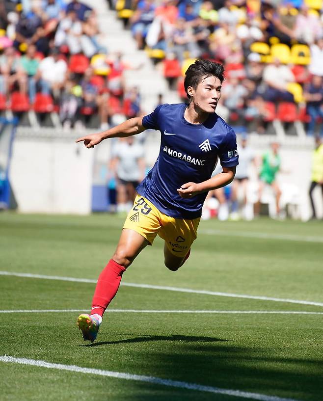 스페인 2부 라리가2 FC안도라 김민수가 14일 코르도바와의 리그 5라운드 홈경기에서 역전 결승골을 터뜨린 뒤 기뻐하고 있다. /사진=김민수 SNS 캡처