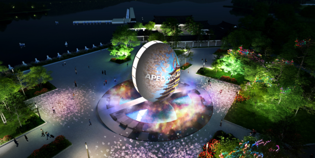 경북 경주시 보문단지 국제회의복합지구 호반광장에 조성될 2025 APEC 정상회의 상징 조형물 조감도. 경북도와 경주시는 문화체육관광부와 함께 150억 원을 투입해 2025 APEC 정상회의장과 주요 동선의 야간경관을 혁신적으로 개선하는 사업을 이달 말 완료할 계획이다. 경북도 제공.