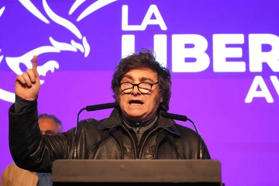 하비에르 밀레이 아르헨티나 대통령이 지난 7일(현지시간) 아르헨티나 라플라타에서 투표가 끝난 후 연설하고 있다. AP=연합뉴스